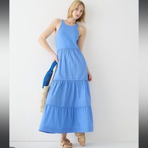 J. Crew Ribbed High Neck Cutaway Tank Dress with Poplin Skirt in Blue